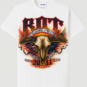 ROT Biker Rally Shirt Mens XL White 2011 Austin Texas Longhorn Skull Graphic Tee